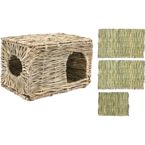 Rabbit Hut Hand-Woven Hay Bed, Rabbit Hamster Guinea Pig Chinchilla Hut Toy With 3 (2L + 1M) Mats