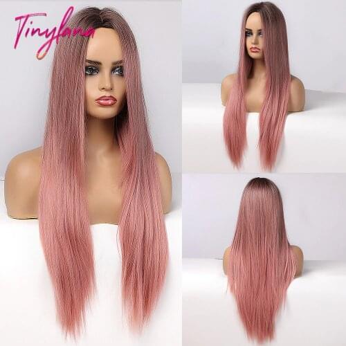 TINY LANA Long Pink Wigs Ombre Black Pink Woman Wigs Long Straight Synthetic Wigs Heat Resistant Fiber For America Africa Woman
