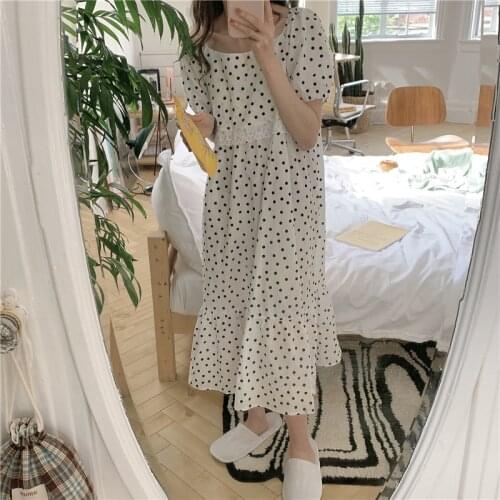 Polka Dot Print Summer Nightgown O-Neck Korean Long Sleepwear Women Casual Soft Ins Loose Cotton Home Clothes Lace Patchwork