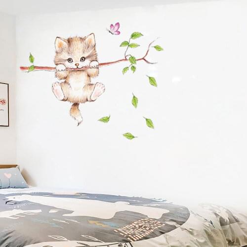 Cartoon cat butterfly tree branch wall stickers kids rooms nursery home decor diy animal wall decals posters pvc mural art