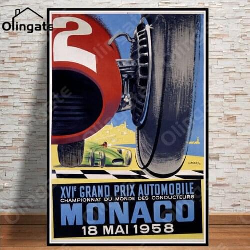 Cartoon Hot Champion World Grand Prix Retro Monaco 64Th Super Motor Car Poster Wall Art Canvas Picture Painting for Room Decor