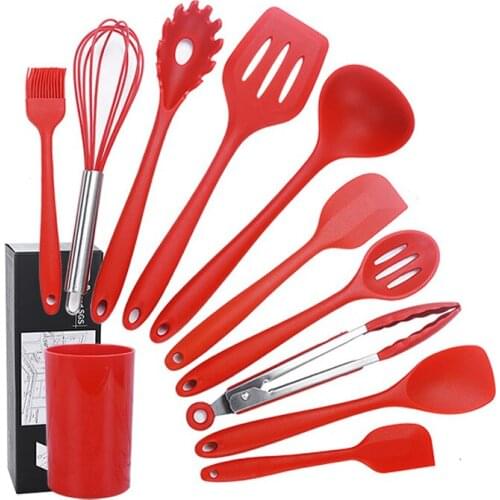 10 Pcs/set Silicone Cooking Utensils Set With Storage Box Non-stick Spatula Shovel Whisk Frying Spatula Soup Spoon Cooking Tools