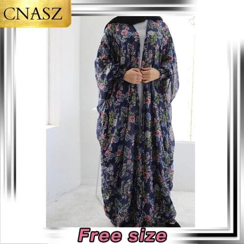 New Fashion Summer Elegant Narrow Cuff Flower Chiffon Abaya Dress Muslim Women Cardigan Long Robe Gowns