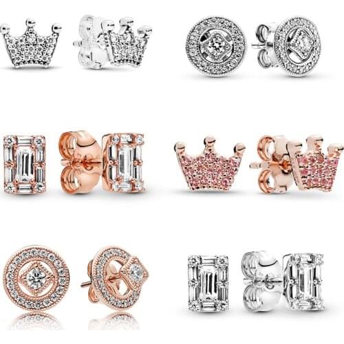 Octbyna High Quality Authentic Plated Silver Color&Rose Gold Crown Clear CZ Fine Stud Earring Women Wedding Jewelry Dropshipping