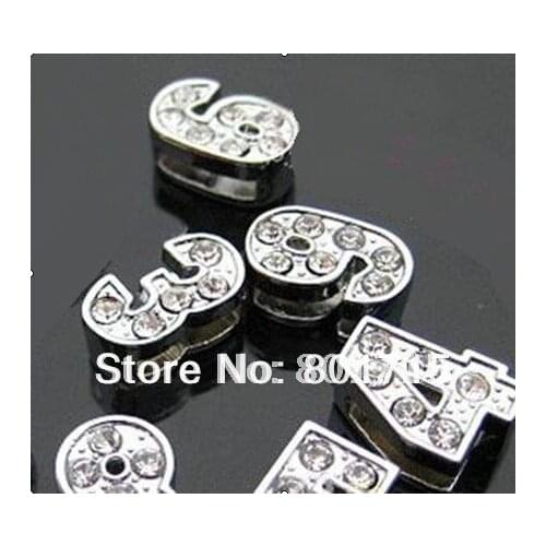 Wholesale 1000pcs Internal Dia:8mm 0-9 DIY Slide Numbers Charms zinc alloy and rhinestone fit 8mm belt stocked