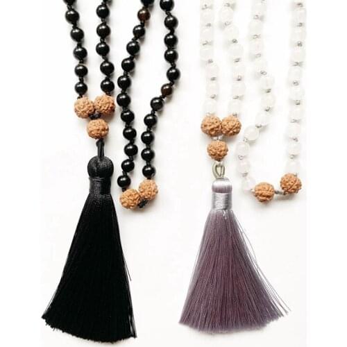6mm White Black Stone Bead Necklace 108 Prayer Jewelry Prayer Beads Bracelet Black Gray Tassel Hand Knotted Wholesale