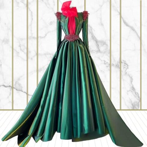 Hunter Green Prom Dresses Evening Wear Beads Full Sleeves abiye 2021 vestido de fiesta Arabian Evening Dress Custom Made