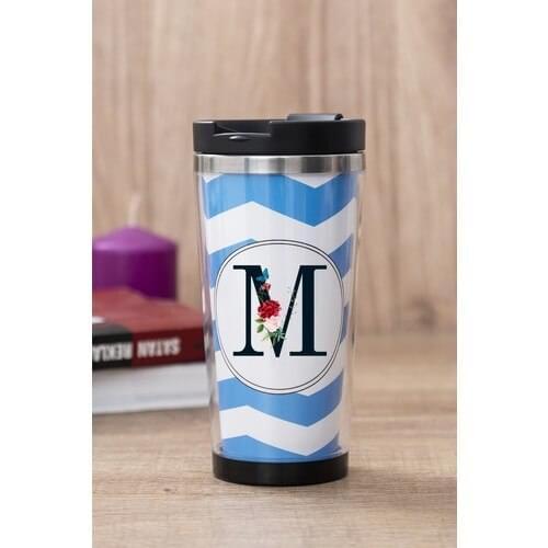 Gift Shop Letter M Flower Design Blue Thermos Cup
