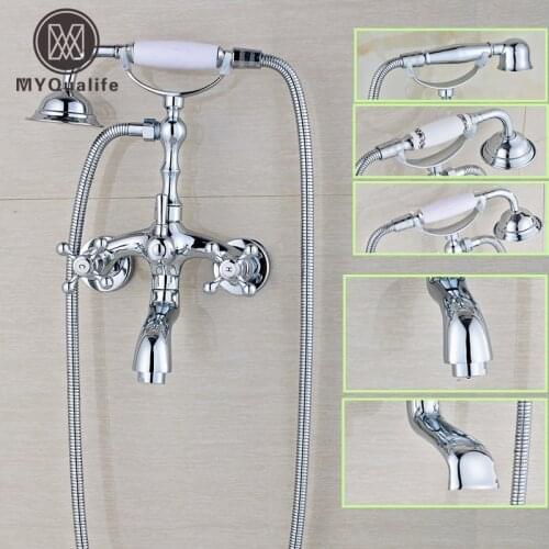 Polished Chrome Bathroom Dual Handle Bathtub Sink Faucet Wall Mounted Telephone Style Tub Mixer Taps with Hand Shower