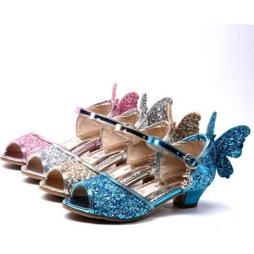 Girls High Heels Summer New Princess Sandals Rhinestone Butterfly Children Performance Shoes Kids Dance Student Show Shoes 26-37