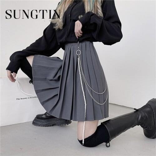 Sungtin High Waist Mini Skirts Gothic Streetwear Pearl Chain Pleated Women Skirts Casual College Lolita Harajuku Skirt Mini 2021