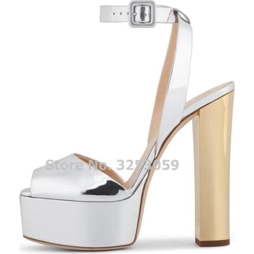 Metallic Platform Pumps Colorized Gold Chunky Heel Sandals Bling Bling Sequined Bridal Shoes Glittering Paillette Thick Heels