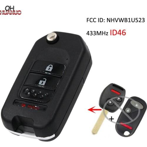 Upgraded Flip Remote Car Key Fob 2+1 Button 433MHz ID46 Chip for HONDA Civic 2004-2005 FCC ID: NHVWB1U523
