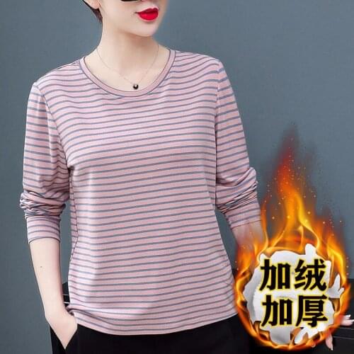 Large Size Womens Striped T-shirt Womens Long-Sleeved round Neck Autumn and Winter Autumn Clothes