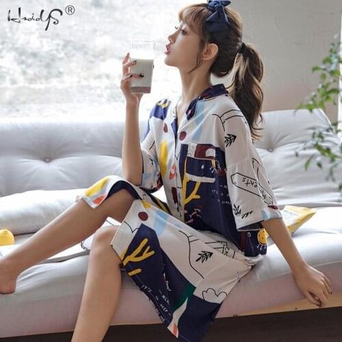 Womens Nightgown Sleepwear Pajamas Woman Cartoon Print Sweet Nightdress Summer Short Sleeve Sleep Dress Nightshirt Nightgowns