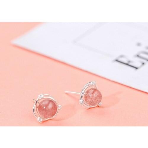925 sterling silver strawberry crystal zircon earrings girl student earrings pink crystal planet romantic cute earrings female