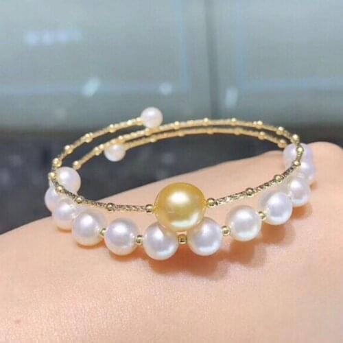 Sinya pure 18k AU750 gold tube Bangles bracelet for women girl Mom lover with Natural Golden pearls and white pearls High qulity