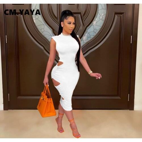 CM.YAYA Women Midi Dress Solid Hole Back Hollow Out Sleeveless O-neck Sheath Elastic Mid Calf Dresses Sexy Night Dress Summer