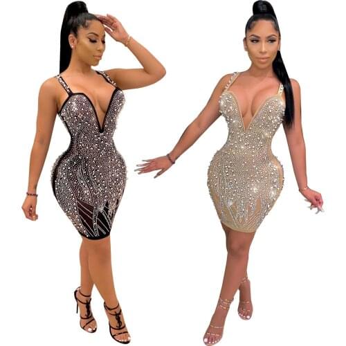 2021 The New Stretchy Party High Quality Sleeveless Dress Diamond Shiny Party Luxurious Shiny Tight Package Sexy Hip Mini Dress