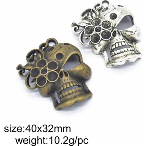 10pcs 40x32mm Antique Bronze/ Antique Silver Alloy Flower In Skull Charm Pendant Fit Bracelets Necklace DIY Jewelry Making