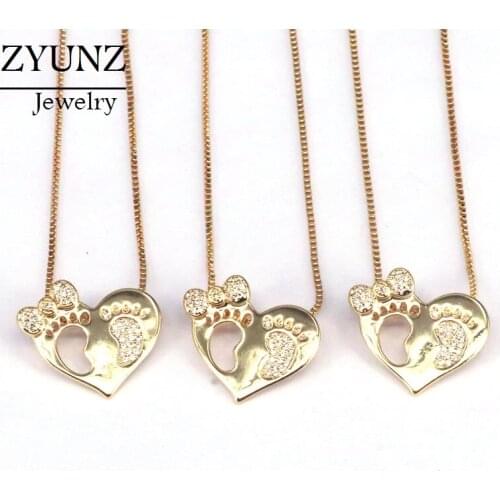10PCS, Zirconia Micro Pave CZ Feet Heart Shaped Fashion Family Jewelry Gold Color Pendant Necklace
