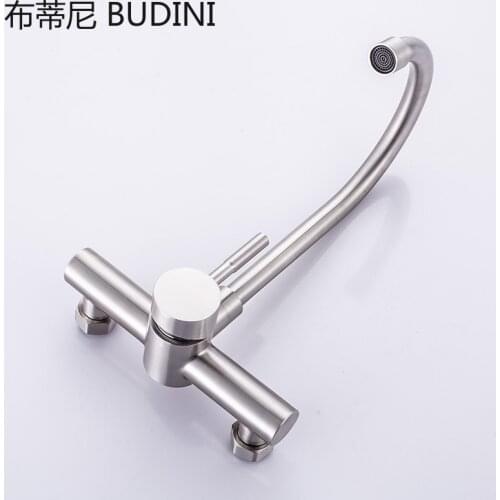 304 Stainless Steel Kitchen Wall-mounted Sink Faucet Double Hole Rotatable Hot and Cold Dish Sink Dish Sink Tap