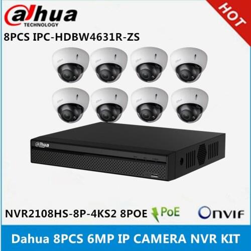 Dahua 8 pcs IPC-HDBW4631R-ZS 6MP 2.7mm ~13.5mm varifocal motorized lens IP Camera & NVR2108HS-8P-4KS2 8ch with 8poe ports 4K NVR
