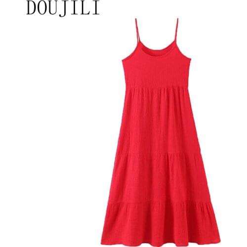 DOUJILI 2021 Fashion Sexy Women Summer New Style Red Dress Loose Sleeveless Backless Fashon Female Dress