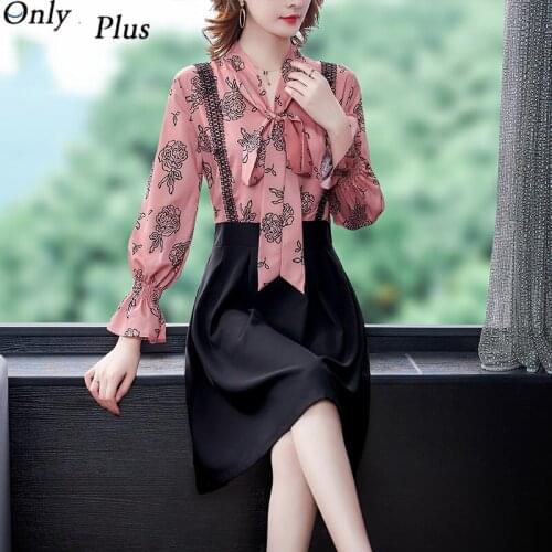 Only Plus Temperament Stitching Floral Pink Flare Sleeve Scarf Collar Dress Autumn 2021 New Fake Two-piece Waist Slim Skirt