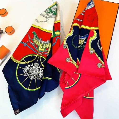 90cm Square Scarf Foulard Bandana Brand Hijab Scarf Women Twill Silk Shawl Handmade Curled New Design Carriage Head Scarf