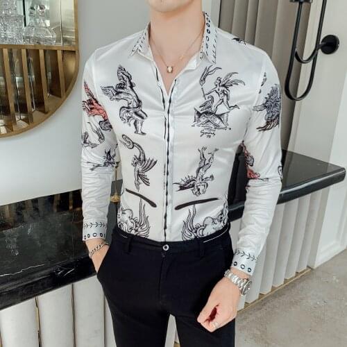 Man 2020 Autumn Self-cultivation Long Sleeve Shirt Male Flower Shirt Mythical Animals Printing Korean Clothes Men Vetement Homme