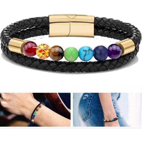 Man Chakra Jewelry Wholesale Stainless Steel Mens Black Leather Braclets for Woman Yoga Energy Natural Stone Bracelets