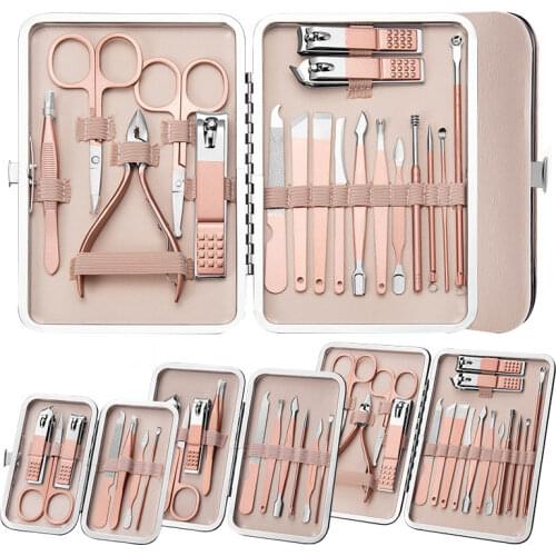 18Pcs/Set Nail Kit Professional Set Rose Gold Stainless Steel Multifunction Manicure Set With Luxurious Travel Case