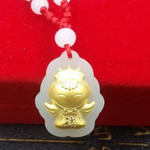 New Pure 24K Yellow Gold Pendant 24x19mm White Jade Lovely Angle Charms