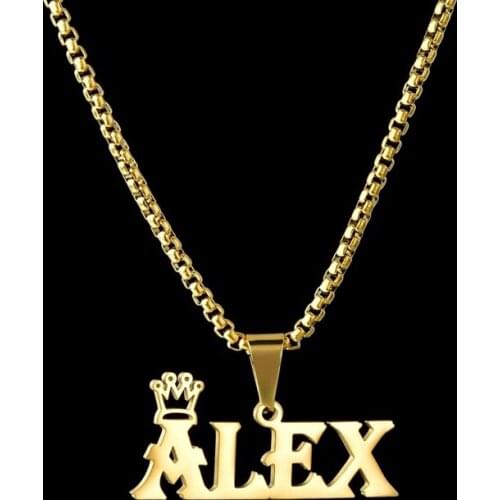 Stainless Steel Name Necklace Custom Crown Letter Pendant Gold Plated Personalized Jewelry Square Pearl Chain Initial Necklaces