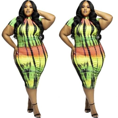Plus Size Women Clothing 4xl Sexy Tie Dye Casual Short Sleeves Turtleneck Fashion Stretch Midi Dress Wholesale Dropshipping