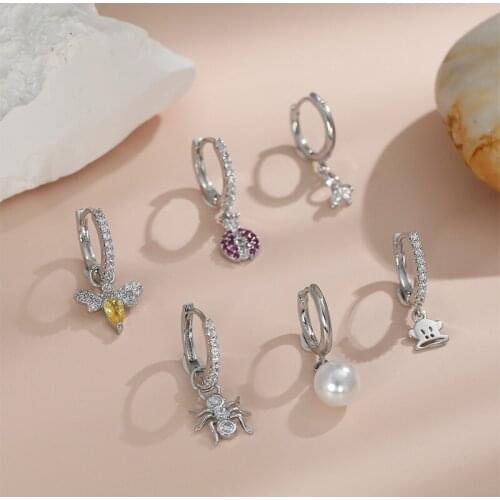 6pcs Female Female Crystal Animal Earrings Set Cute Silver Color Hoop Earrings For Women Boho Round Pearl Zircon Wedding Earring