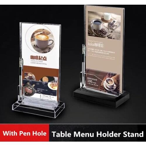 T Shaped Double-Sided Table Top Clear Acrylic Sign Holder Display Menu Paper Stand Ad Frame WIth Business Card Holder