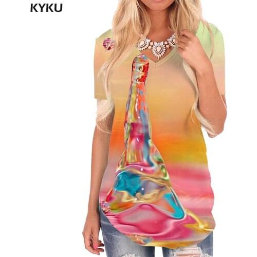 KYKU Water Droplets T-shirt women Colorful V-neck Tshirt Psychedelic T-shirts 3d Abstract Shirt Print Womens Clothing Punk Rock