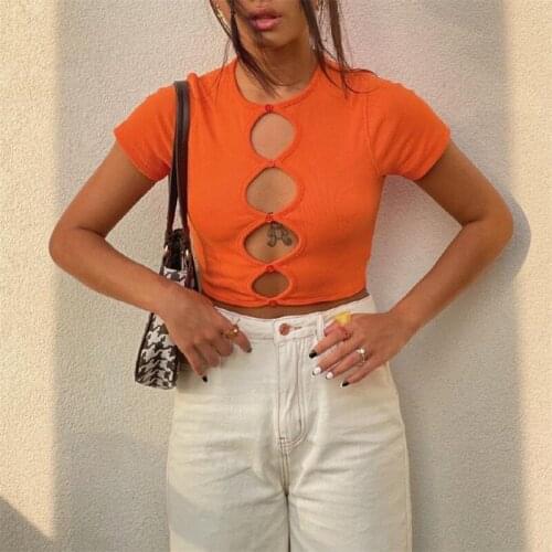Ladies Summer Round Collar T-shirt,2021 Fashion Girls Solid Color Hollow Button Decoration Short Sleeve Slim Midriff-baring Tops