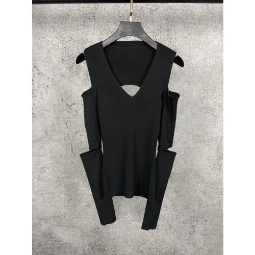 Ladies 2021 fashion new long-sleeved sexy casual solid color strapless V-neck knitted bottoming shirt 0112