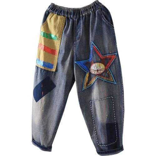 Women M-XL Retro Patch Embroidered Print Loose Jeans High Waist Cartoon Oversize Harem Pants