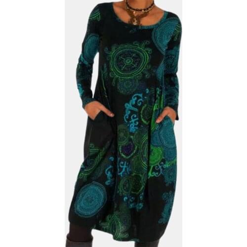 Dress Ladies Autumn Fashion Casual Floral Printing Long Sleeve Round Neck Dress Loose Dress Vintage Pocket Loose Dress Women
