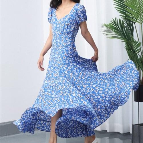 Women Dress Irregular Neckline Puff Sleeve Printed Large Skirt Long Dress