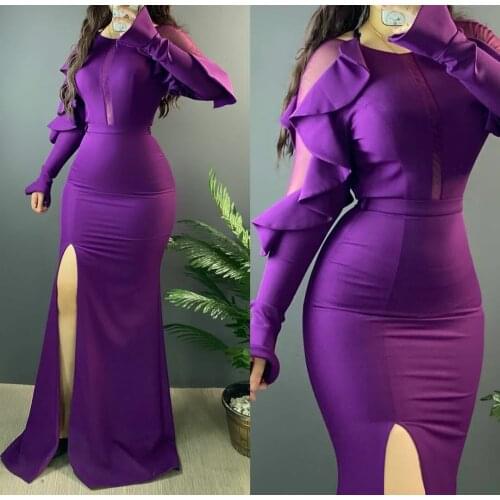 Sexy Purple Long Sleeve Mermaid O-Neck Prom Dresses with Slit Zipper Back Robe De Soiree Floor Length Ruched Formal Party Gown