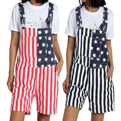 2021 New Style Unisex Casual Romper Summer American Flag Print Denim Bib Overall Shorts for Men Women Plus Size XS-5XL