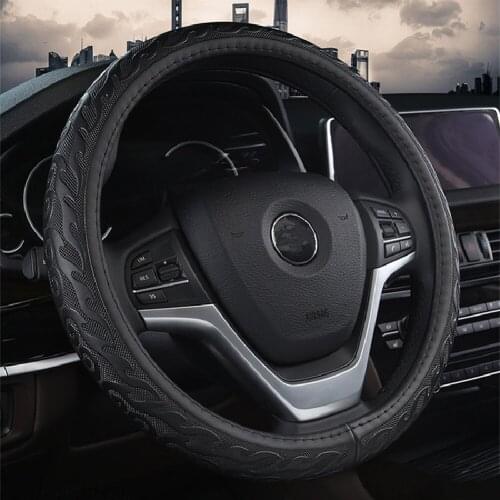 Car 38cm Four Seasons Luxury Genuine Leather Car Steering Wheel Cover 3D Anti-skid Pattern Auto Steering Covers Car Styling Blk