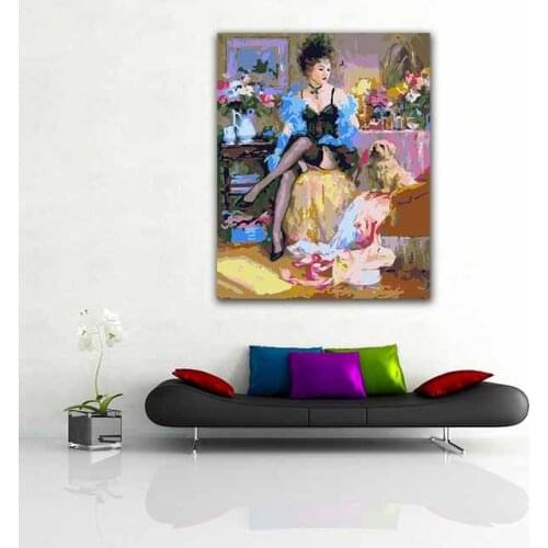 DIY colorings pictures by numbers with colors Sexy dancer with puppy dog picture drawing painting by numbers framed Home