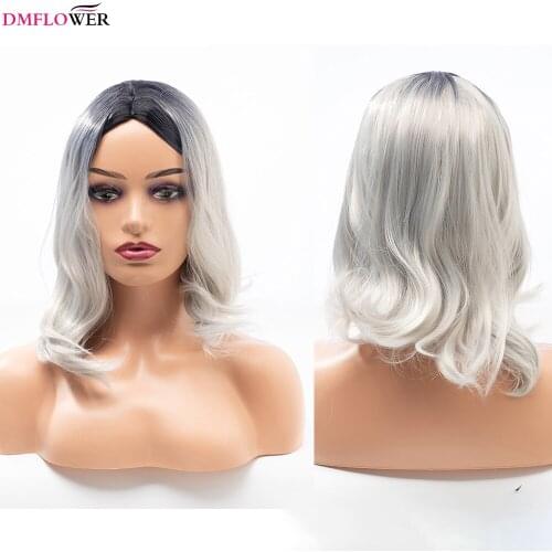 Womens wavy shoulder-length silver-gray BoB wig and bangs synthetic middle-level black women cosplay party heat-resistant