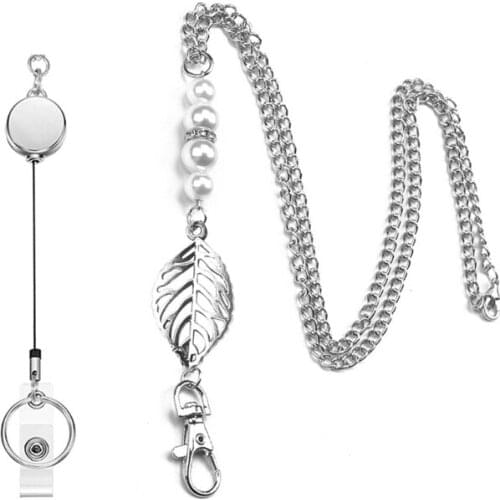 Women Retractable Badge Reel Lanyard with ID Card Holder Necklace Name Badge Holder Lanyard Stainless Steel Beaded Chain X4YA
